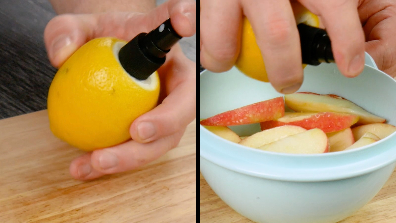 tête d'un vaporisateur planté dans un citron pour récolter le jus et le vaporiser sur des tranches de pommes